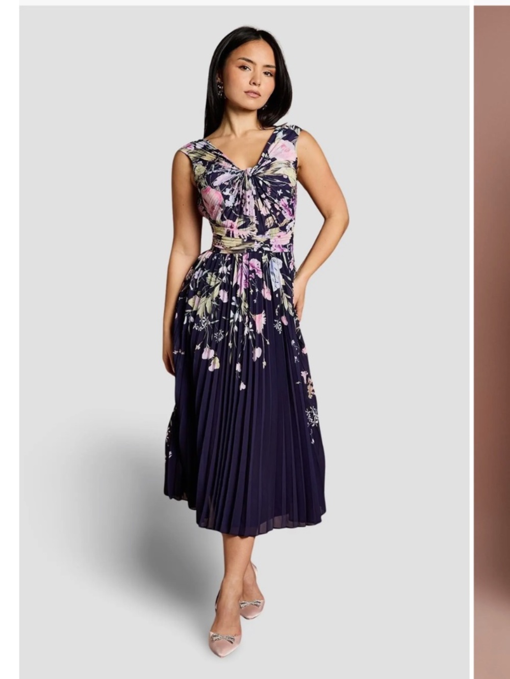 Coast Petite Placement Floral Print Pleated V-Neck Midi Dress